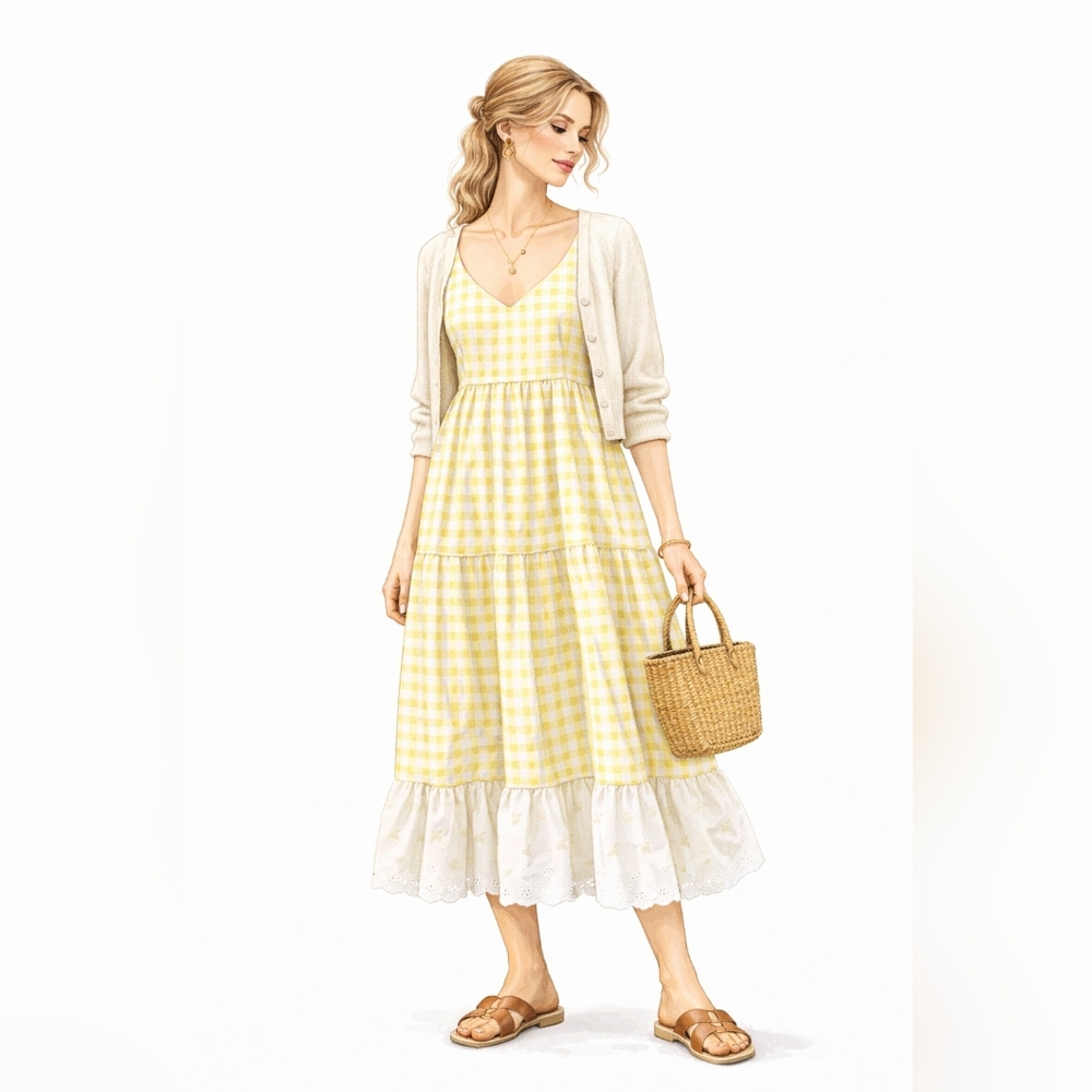 Refashioned Yellow Gingham Midi Sundress with Eyelet Ruffle Hem - Picture 8 of 9